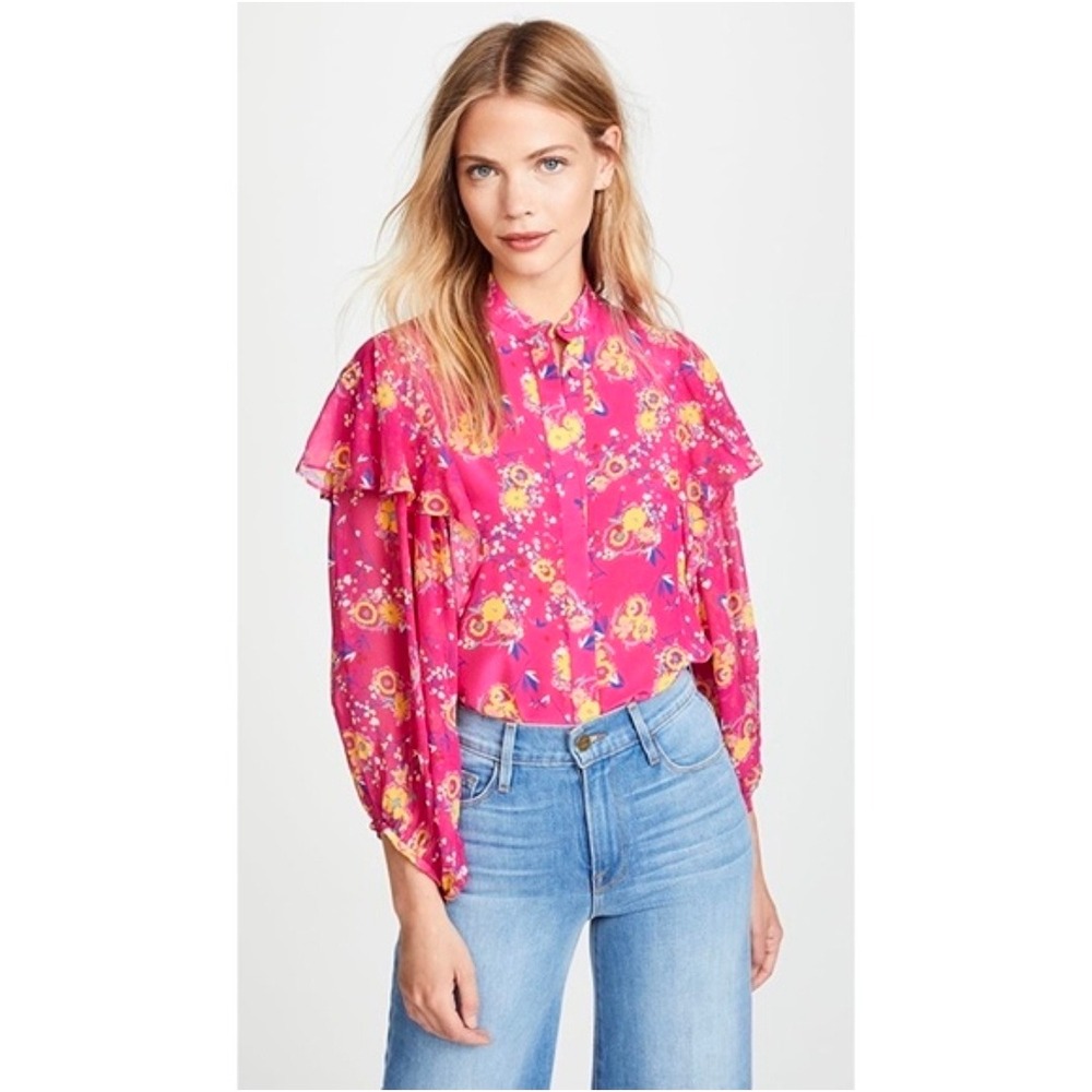 Saloni Chloe Pink Floral 100% Silk Ruffle Button Down Blouse Top US 0 UK 4